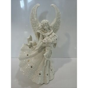 Palm Tree White Angel Cherub Figurine With Flower Gold Accent Porcelain